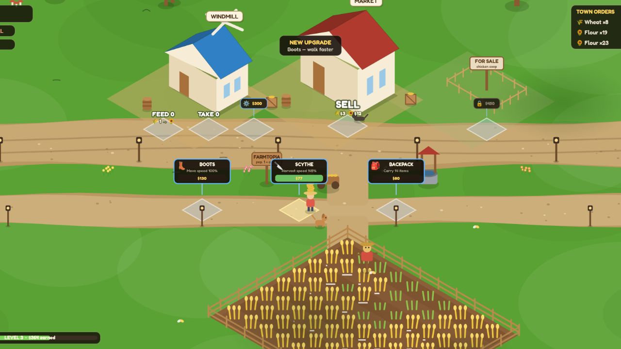 Isometric farm with a windmill, a market and a wheat field